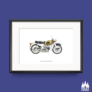 Könnte beinhalten: Eine Schwarzweißillustration eines gelben und weißen Motorrads. Das Motorrad ist ein Modell BSA Arrow Super Sports aus dem Jahr 1964.