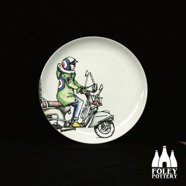 AWOL: Scooter, Scooterist, Scootering, Classic Scooter, Mods Mod art,  Inspired,  illustrated,  Tribute - Fine bone China - Plate