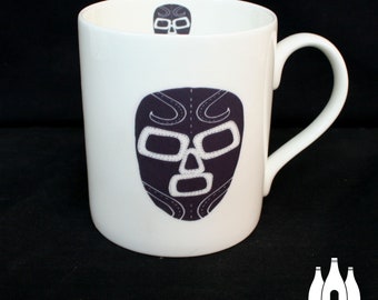 L: Luchador - Mexican Wrestling Mask - Lucha Libre - Inspired - ( Illustrated ) - Fine Bone China Mug