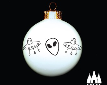 DDL: UFO - Flying Saucer - Space - Alien - Doodle -   - ( illustrated ) - Fine Bone China - Bauble