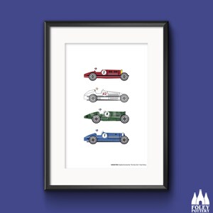 May include: A framed print of four vintage race cars in red, white, green, and blue. The cars are numbered 2, 42, 8, and 1. The print has the text "GRAND PRIX Digitally Illustrated by "The Jolly Artist" Foley Pottery" at the bottom.