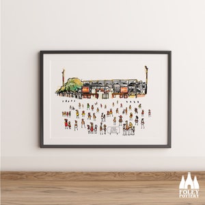 May include: A watercolor illustration of a stadium with a crowd of people in front of it. The stadium is drawn in black and red, with a few yellow accents. The people are drawn in a simple style, with different colors of clothing. The text "STAGE GILBERT HALLIDAY" is written on a sign in the foreground.
