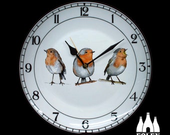 Orologio FFF: Pettirosso, Uccelli, Fauna selvatica, Uccello, Uccello britannico - ispirato - illustrato - Porcellana fine - 25 cm