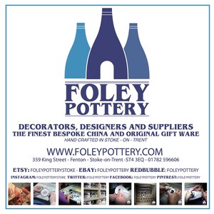 May include: A logo for Foley Pottery, a company that makes bespoke china and original giftware. The logo features three blue pottery kilns and the text "FOLEY POTTERY". The company's website, address, and social media handles are listed below the logo.