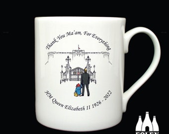 COM: Queen Elizabeth ll, Buckingham Palace - Thank You Ma'am,  - Illustrated - Tribute - Inspired - Fine Bone China Mug