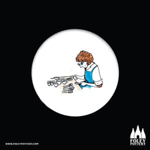 PW: Burnishing, Pottery worker, Potteries, Cartoon, Stoke On Trent, Inspired, illustrated Dust Pressed Earthenware Coaster