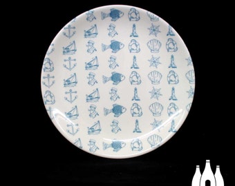 N: Nautical, Seaside, Fisherman, Fishing, Lighthouse, Fishing boat, Sailing, Yacht, Boat, Illustrated,  inspired,  Fine Bone China  Plate