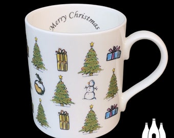 C: Merry Christmas, Christmas Tree,  Inspired, Illustrated, Tribute Fine Bone China - Mug