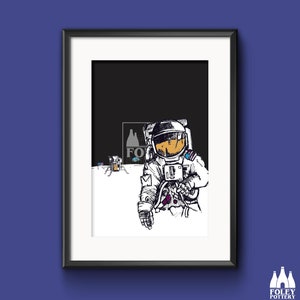 May include: A black and white illustration of an astronaut standing on the moon. The astronaut is wearing a spacesuit with a helmet and is holding a tool. The moon is depicted as a gray surface with craters. The illustration is set against a black background.