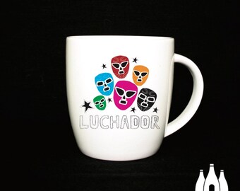 L: Luchador - Mexican Wrestling Mask - Lucha Libre - Inspired - ( Illustrated ) - Fine Bone China Mug