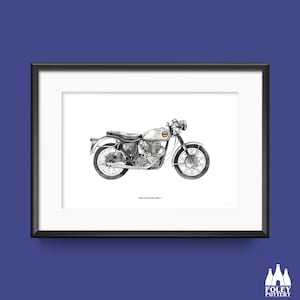 Könnte beinhalten: Eine Schwarzweißillustration eines BSA Gold Star Motorrads. Das Motorrad ist im Vintage-Stil gezeichnet mit Details wie den Chrom-Akzenten und dem roten Rücklicht.