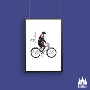 May include: Black and white illustration of a person riding a bicycle. The person is wearing a scarf and a jacket. The bicycle has a basket on the front.