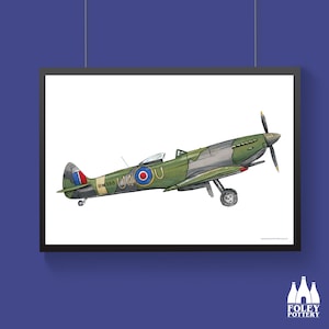 May include: A green and gray World War II era British Supermarine Spitfire fighter plane with red, white, and blue markings. The plane has the number "RW388" and "U40U" on the side.