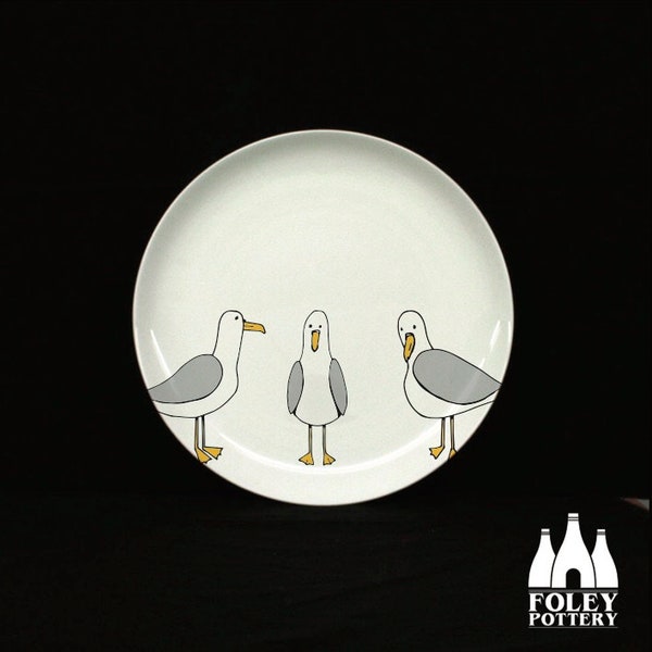 S: Seagulls, seagull, Heron gull,  Seaside, Birds, wildlife,  inspired, illustrated - Fine bone China Plate