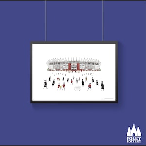 May include: A black and white illustration of a stadium with people walking towards it. The stadium is a large, modern structure with a red roof. The people are all wearing black coats and hats. The text "Amberjack Stadium" is visible on a sign in the foreground.