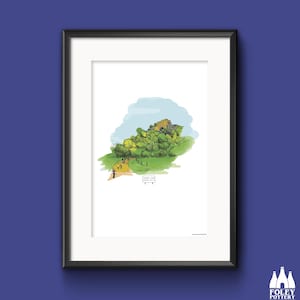 May include: A framed illustration of a green hill with a path leading up to the top. The hill is surrounded by a light blue watercolor effect. The text "Thor's Cave" is written on a sign at the bottom of the path.