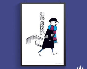 FCF: Burnley FC, Retro Football Supporter, Flat cap fan, Football Scarf - Inspired - Illustrated - Tribute - Fine Art Print