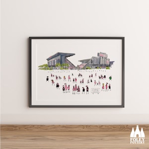 May include: A black and white illustration of a football stadium with a crowd of people in pink and black clothing. The stadium is labeled "Chase Stadium".