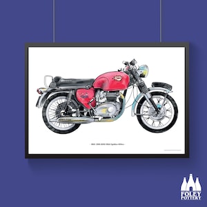 Könnte beinhalten: Ein rotes 1966 BSA Spitfire 650cc Motorrad mit schwarzem Sitz und verchromten Akzenten. Das Motorrad ist im Cartoon-Stil gezeichnet mit einer Sprechblase, die "BOOM!" darüber sagt.