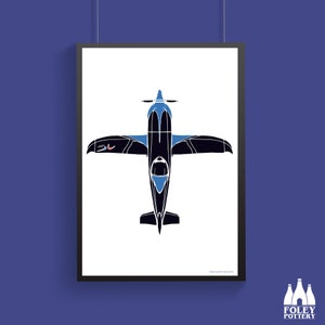 May include: A black and blue silhouette of an airplane with a white outline. The airplane is flying upside down with the wings spread out.