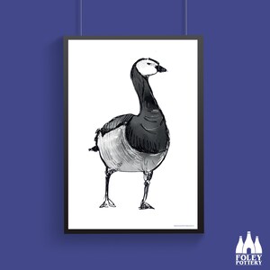 Pode incluir: Um desenho a preto e branco de um ganso com pescoço comprido e cabeça branca. O ganso está em pé sobre um fundo branco.