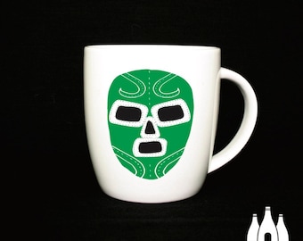 L: Luchador - Mexican Wrestling Mask - Lucha Libre - Inspired - ( Illustrated ) - Fine Bone China Mug