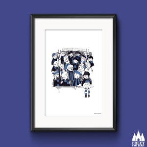 Può includere: Illustrazione in bianco e nero di un gruppo di persone che indossano sciarpe blu e bianche, che tifano durante un evento sportivo. L'illustrazione è incorniciata in una cornice nera.