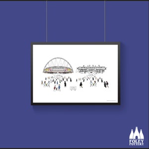 May include: A black and white illustration of Wembley Stadium with a crowd of people in front of it. The stadium is drawn in a simple style with a large arch and a smaller building behind it. The people are all drawn in a similar style, with simple lines and shapes. The text "Wembley Stadium" is written in a small box at the bottom of the image.