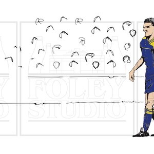 May include: A black and white illustration of two soccer players in a game. The player on the left is wearing a blue and yellow jersey and the player on the right is wearing a black and white striped jersey. The player on the left is kicking the ball and the player on the right is trying to block the ball.
