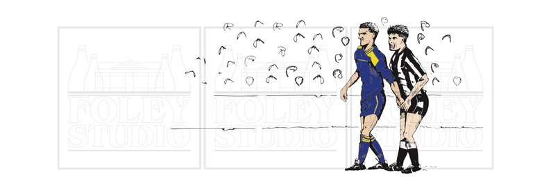 May include: A black and white illustration of two soccer players in a game. The player on the left is wearing a blue and yellow jersey and the player on the right is wearing a black and white striped jersey. The player on the left is kicking the ball and the player on the right is trying to block the ball.