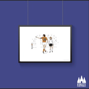 Op de afbeelding: Een zwart-witte lijntekening van twee voetballers op een witte achtergrond. De speler links draagt een oranje shirt met nummer 14. De speler rechts draagt een wit shirt. Beide spelers kijken naar de rechterkant van de afbeelding. Er zijn kleine cirkels verspreid rond de spelers.
