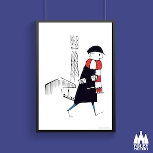 May include: Black and white line drawing of a person wearing a red and white scarf walking towards a stadium with floodlights. The person is wearing a hat and a coat.