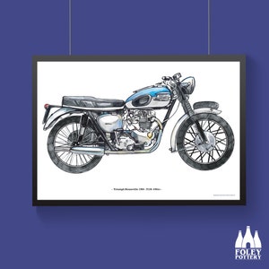Könnte beinhalten: Eine Schwarzweiß-Zeichnung eines blau-weißen Triumph Bonneville Motorrads. Das Motorrad ist ein Modell von 1968 mit einem 650 ccm Motor. Der Text "Triumph Bonneville 1968 - T120 - 650cc" ist unter dem Motorrad gedruckt.