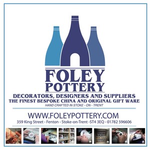 May include: A blue and white logo for Foley Pottery, a company that makes bespoke china and original giftware. The logo features three stylized bottles arranged in a triangular shape. The text "FOLEY POTTERY" is written in a bold, black font below the bottles. The company's website address, "WWW.FOLEYPOTTERY.COM", is displayed below the logo, along with the company's address and phone number.
