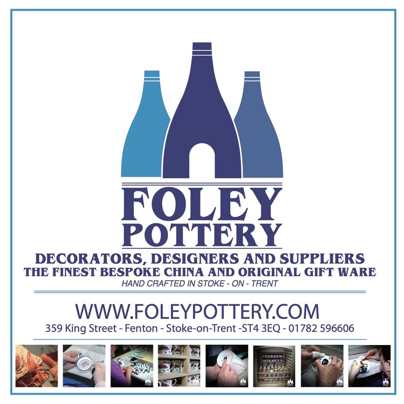 May include: A blue and white logo for Foley Pottery, a company that makes bespoke china and original giftware. The logo features three stylized bottles arranged in a triangular shape. The text "FOLEY POTTERY" is written in a bold, black font below the bottles. The company's website address, "WWW.FOLEYPOTTERY.COM", is displayed below the logo, along with the company's address and phone number.