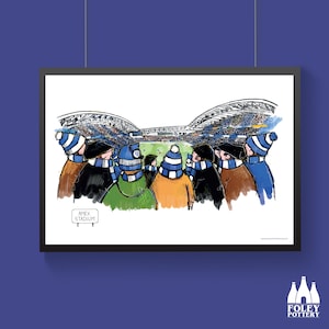May include: A digital illustration of a group of people wearing blue and white scarves and hats, looking towards a football stadium. The stadium is in the background and the sign "AMEX STADIUM" is in the foreground.