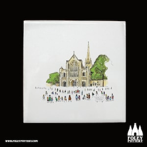 May include: A hand-drawn illustration of Norwich Cathedral with a crowd of people in front of it. The cathedral is drawn in a light yellow color with a tall spire. The people are drawn in a variety of colors and are all facing the cathedral. A sign in front of the cathedral reads "Norwich Cathedral".