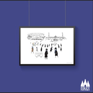 Puede incluir: Un dibujo en blanco y negro de un estadio con una multitud de personas caminando hacia él. El estadio está etiquetado como "White Hart Lane".