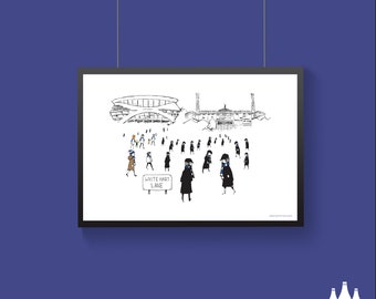 Puede incluir: Un dibujo en blanco y negro de un estadio con una multitud de personas caminando hacia él. El estadio está etiquetado como "White Hart Lane".