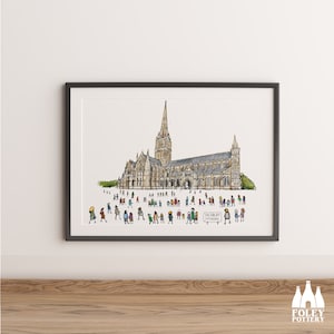 May include: A black and white illustration of Salisbury Cathedral with a crowd of people in front of it. The text "Salisbury Cathedral" is written on a sign in the foreground.