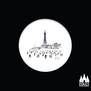PL: Blackpool Tower, Blackpool Promenade, Seaside, Coastal, Great Britain, inspired, illustrated,  - Fine bone China Coaster