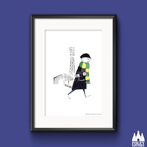 May include: A black and white illustration of a person wearing a green and yellow scarf walking towards a stadium with floodlights. The text "Illustrated by "The Foley Artist" Foley Pottery" is at the bottom of the image.