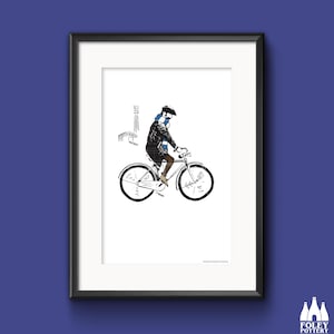 Könnte beinhalten: Eine Schwarzweißillustration einer Person, die ein Fahrrad fährt und einen blau-weißen Schal trägt. Die Person fährt an einem Stadion mit Flutlichtern vorbei.