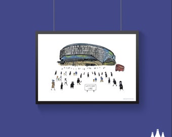 Puede incluir: Una ilustración en blanco y negro de un gran estadio con una multitud de personas delante. El estadio está etiquetado como "White Hart Lane".