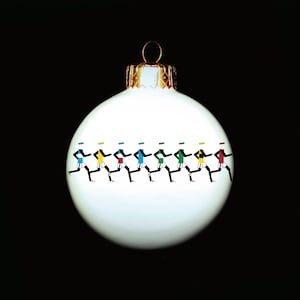 May include: White Christmas bauble featuring a design of eight stick figures running in a line. The figures are wearing different coloured shirts and hats.
