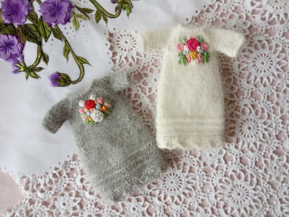 Angora Knit Mini Dress with Embroidered Flowers for Neo Blythe Doll