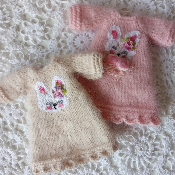 Bunny Clothes for Blythe doll Pink Easter dress with embroidered rabbit for doll 12''