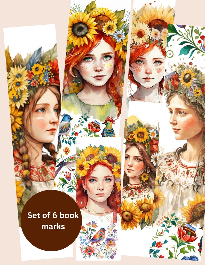 Ukrainian Girl bookmarks Set of 6 digital bookmarks Printable paper ephemera Folk art ornaments image 2