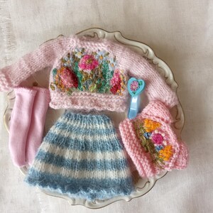 K&ouml;nnte beinhalten: Ein Miniatur-Puppen-Outfit mit einem rosa Pullover mit Blumenstickerei, einem blau-wei&szlig; gestreiften Rock, rosa Socken und einer rosa M&uuml;tze. Das Outfit wird auf einem dekorativen Teller pr&auml;sentiert und zeigt die filigrane Handwerkskunst der handgefertigten Kleidung.