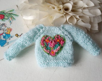 Mint knit sweater with embroidered heart Fashion doll clothes for Blythe doll 12 inch Valentine's Day Gift